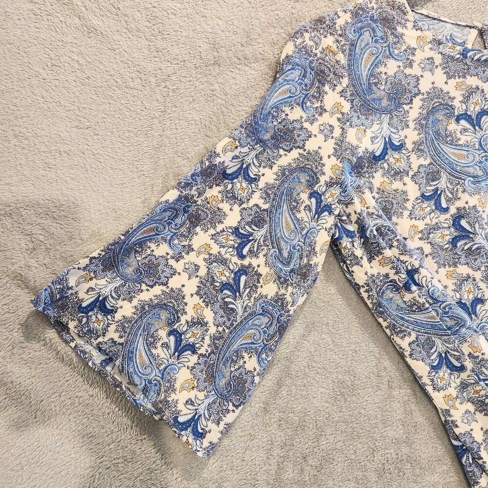 H&M Cream Blue Paisley Fit & Flare Sleeve Shift Mini Dress Size 2 Dainty Flowy - Picture 4 of 12